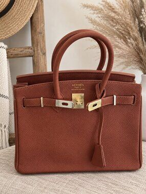 Brown Pebbled Leather Structured Handbag 30cm Gold Hardware Camel Satchel